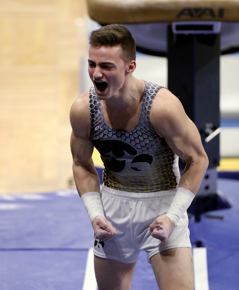 Iowa’s Mitch Mandozzi competes on the Vault against UIC and Minnesota Saturday, February 1, 2020 at Carver-Hawkeye Arena. (Brian Ray/hawkeyesports.com)
