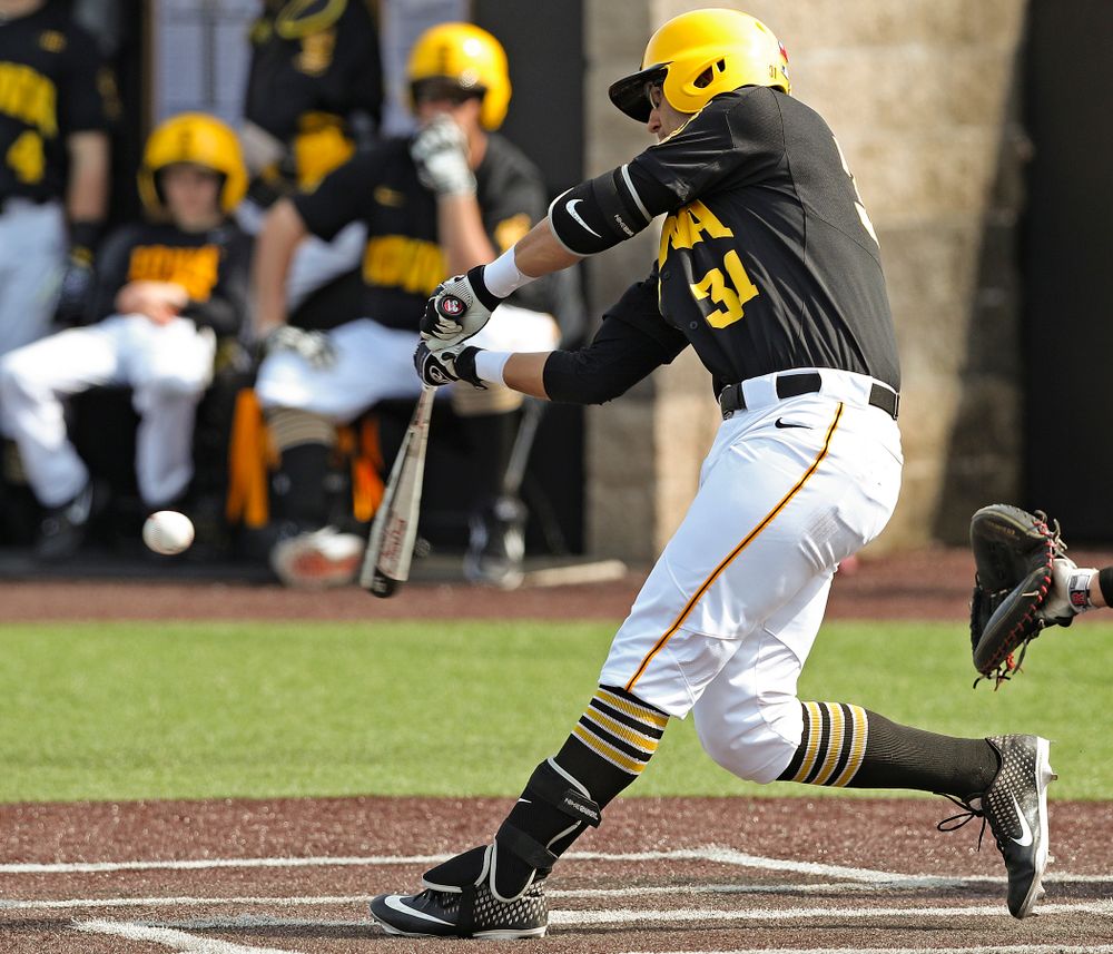 Iowa Hawkeyes third baseman Matthew Sosa (31) bats during the fourth inning of their game against Rutgers at Duane Banks Field in Iowa City on Saturday, Apr. 6, 2019. (Stephen Mally/hawkeyesports.com)