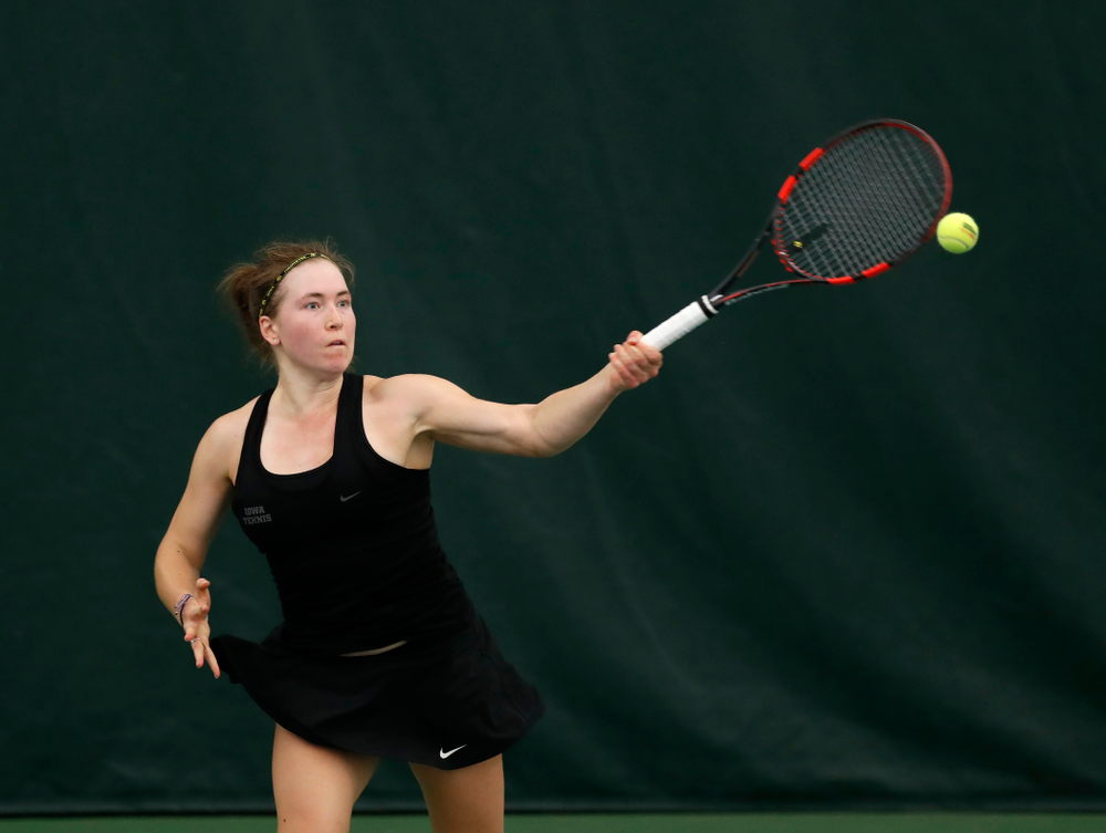 Anastasia Reimchen against Ohio State Sunday, March 25, 2018 at the Hawkeye Tennis and Recreation Center. (Brian Ray/hawkeyesports.com)