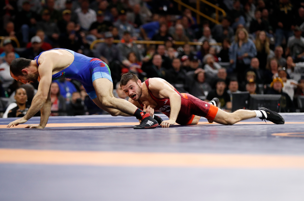 Thomas Gilman during the gold medal match of the United World Wrestling Freestyle World Cup against Azerbaijan Sunday, April 8, 2018 at Carver-Hawkeye Arena. (Brian Ray/hawkeyesports.com)