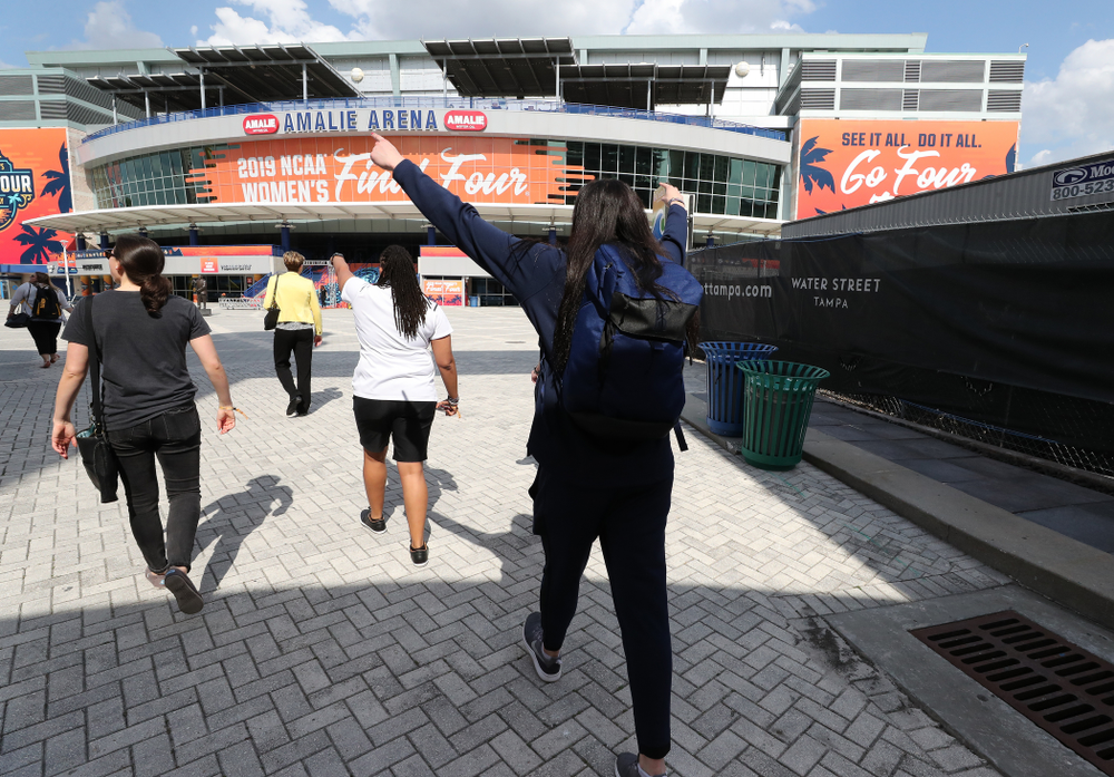 Iowa Hawkeyes forward Megan Gustafson (10) walks to Amalie Arena Thursday, April 4, 2019 in Tampa, FL. (Brian Ray/hawkeyesports.com)