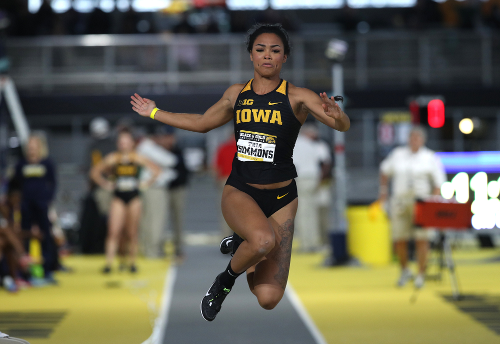 Iowa's Tria Simmons competes in the long jump during the Black and Gold Premier meet Saturday, January 26, 2019 at the Recreation Building. (Brian Ray/hawkeyesports.com)