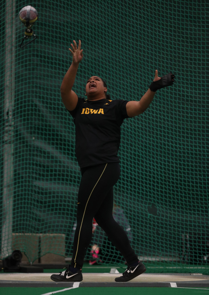 Iowa's Laulauga Tausaga sets a school record in the weight throw Friday, January 11, 2019 at the Hawkeye Tennis and Recreation Center. Tausaga set the new mark with a throw of 20.67m, 67-9 3/4. (Brian Ray/hawkeyesports.com)